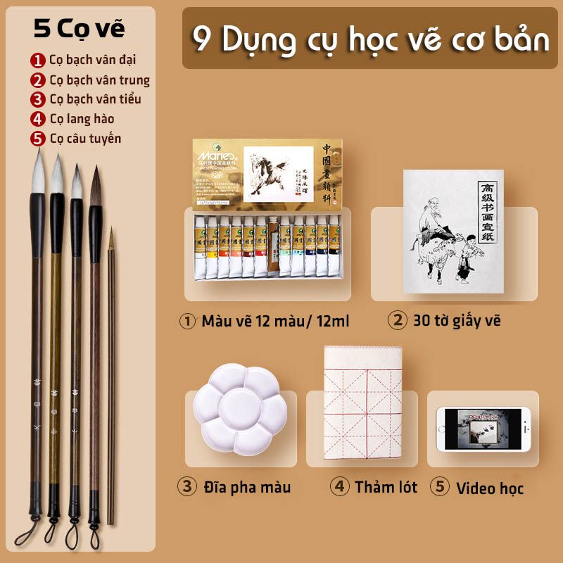 Bộ combo vẽ tranh thủy mặc cho người mới bắt đầu 9SP