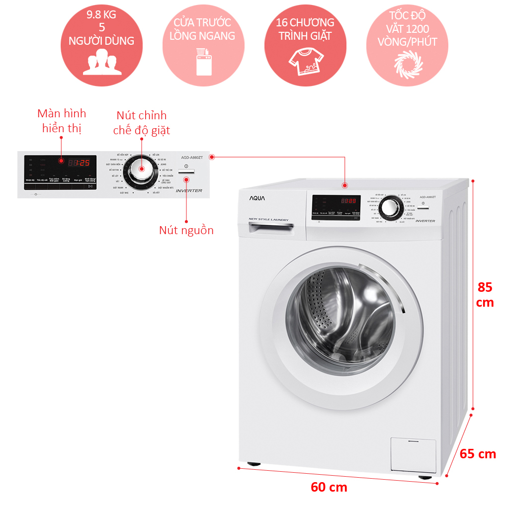 MÁY GIẶT AQUA 9.8 KG AQD-A980ZT (W)