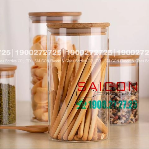 Hũ Thủy Tinh Tròn Delisoga Borosilicate Storage Glass Nắp Gỗ 1300ml | GPG10-1300 ,Thủy Tinh Cao Cấp