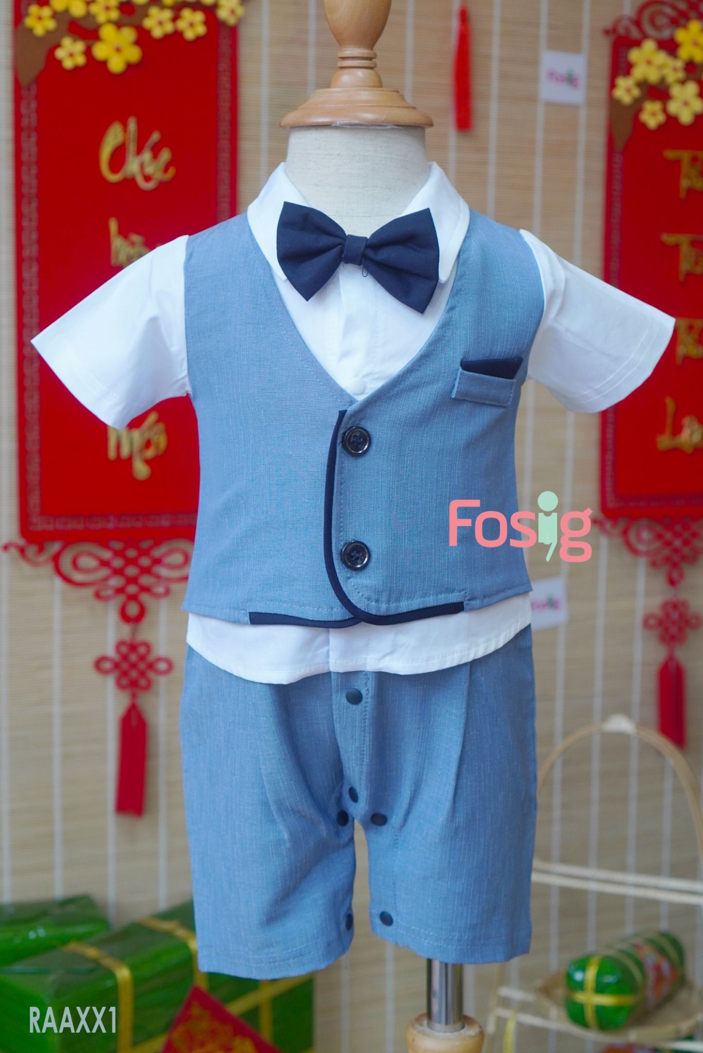  [5-8kg ; 9-13kg] Set Giả Vest Công Tử Bé Trai - Xanh Xám 