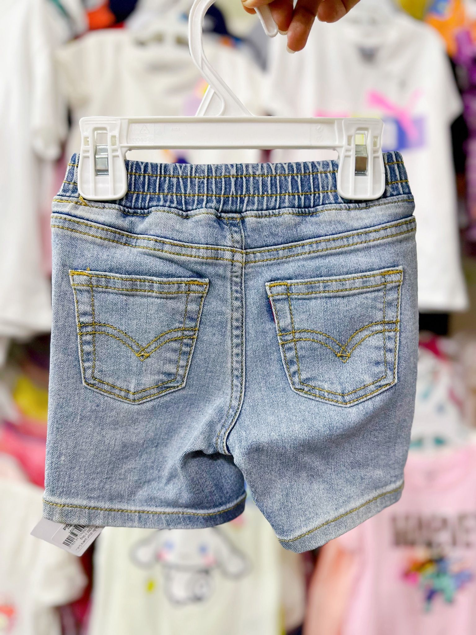 7-9kg 12M Quần short jaens L.v bé gái tăng đơ ẩn, lưng thun giả nút khóa- Xanh trắng chỉ vàng QS02