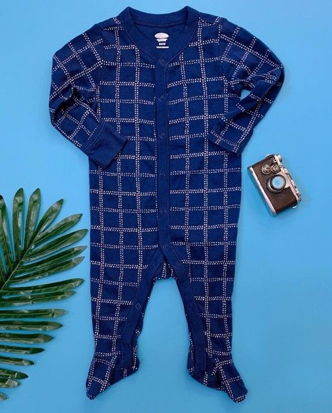  [3-6M] Sleepsuit Cúc Bấm Có Vớ Bé Trai ON - Navy Caro 