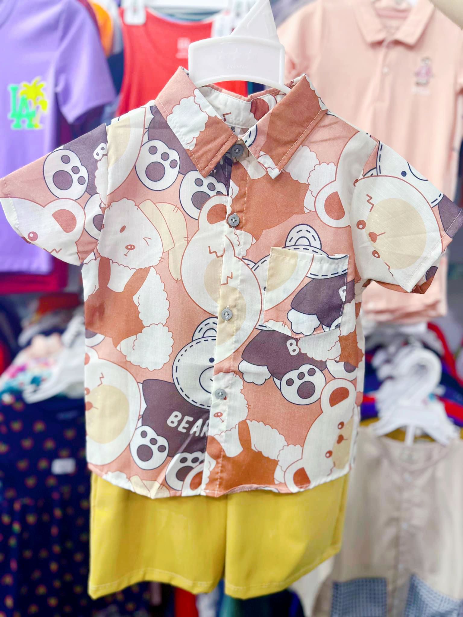 7-8kg; 9-10kg; 13-21kg Set Đồ Bộ Ngắn Sơ Mi Kate Bé Trai - Nâu Gấu