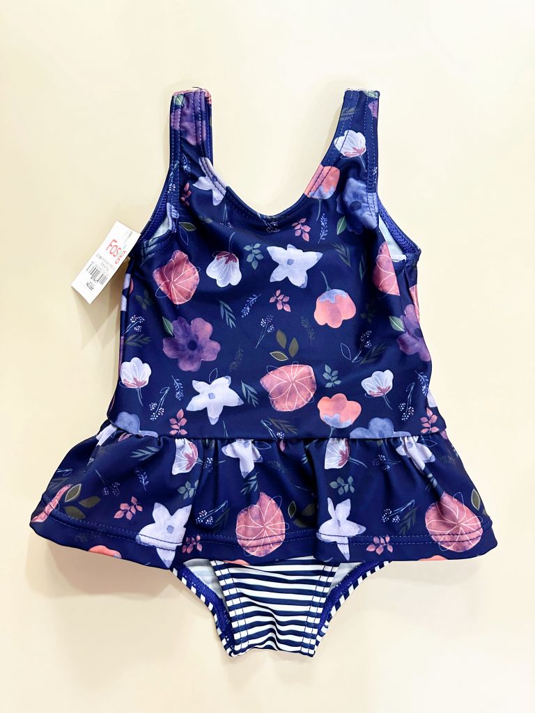 Đồ bơi một mảnh body váy cho bé gái- Navy hoa cam trắng B01