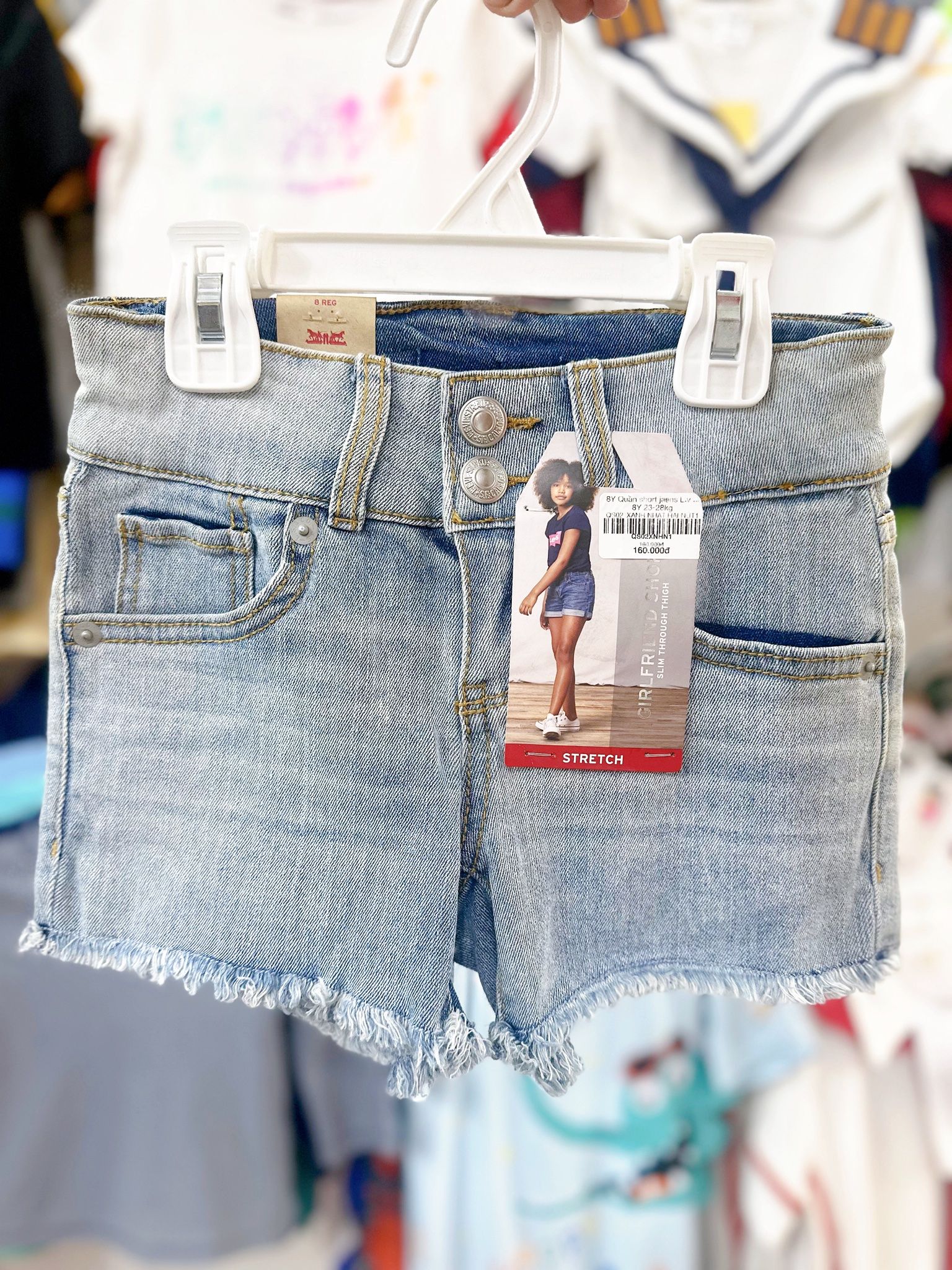 23-28kg 8Y Quần short jaens L.v bé gái tăng đơ ẩn, khóa thật- Xanh nhạt hai nút QS02