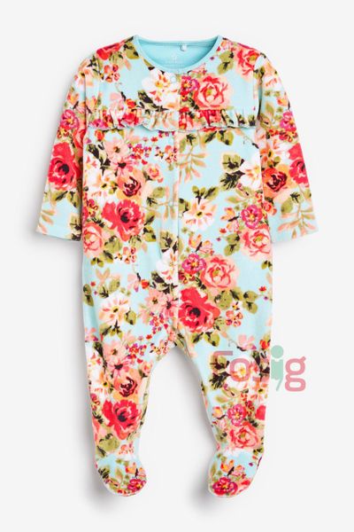  [nb-6m] Sleepsuit Baby nỉ nhung bé gái Xanh nxt Ngọc Hoa Hồng 