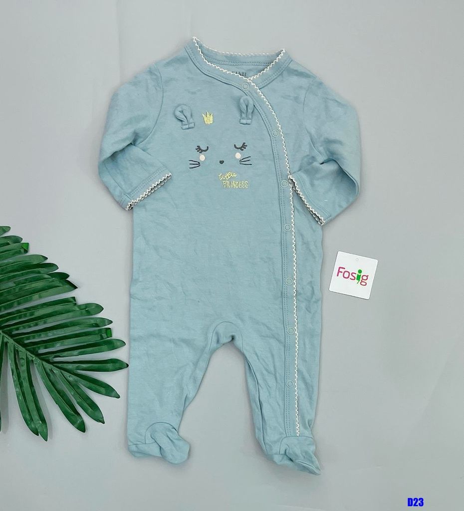  [3-6m] Sleepsuit Gài Nút Có Vớ Bé Gái KB - Xanh Xám Princess 