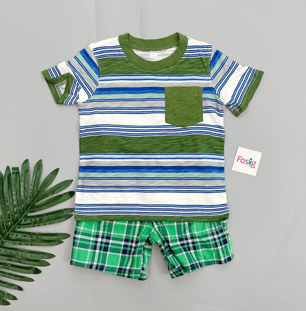  [18-24m; 4-5T] Set Đồ Bộ Đùi Bé Trai Cter - Sọc Xanh Rêu [Quần Caro Xanh] 