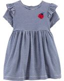  [3-6m] Đầm Thun Cotton Tay Ngắn Bé Gái Cter - Sọc Navy Bọ 