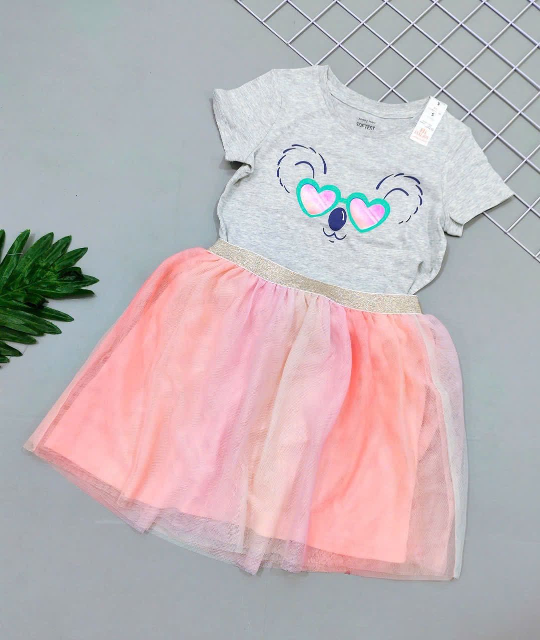 5T Set đầm thun tay ngắn kèm chân váy cho bé- Xám kính màu D93