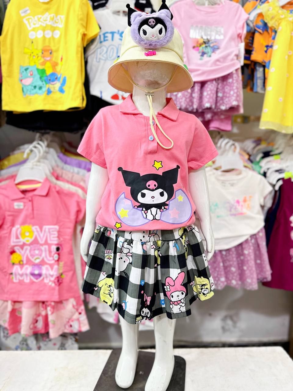 15-48kg XS-XL Đồ bộ tay ngắn bé gái kèm chân váy - Hồng kuromi sao DB91