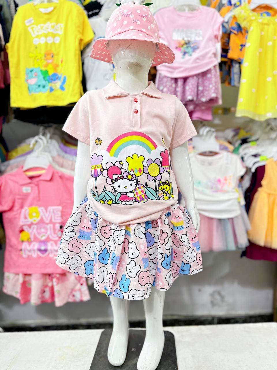 15-48kg XS-XL Đồ bộ tay ngắn bé gái kèm chân váy - Hồng Hello Kitty DB91