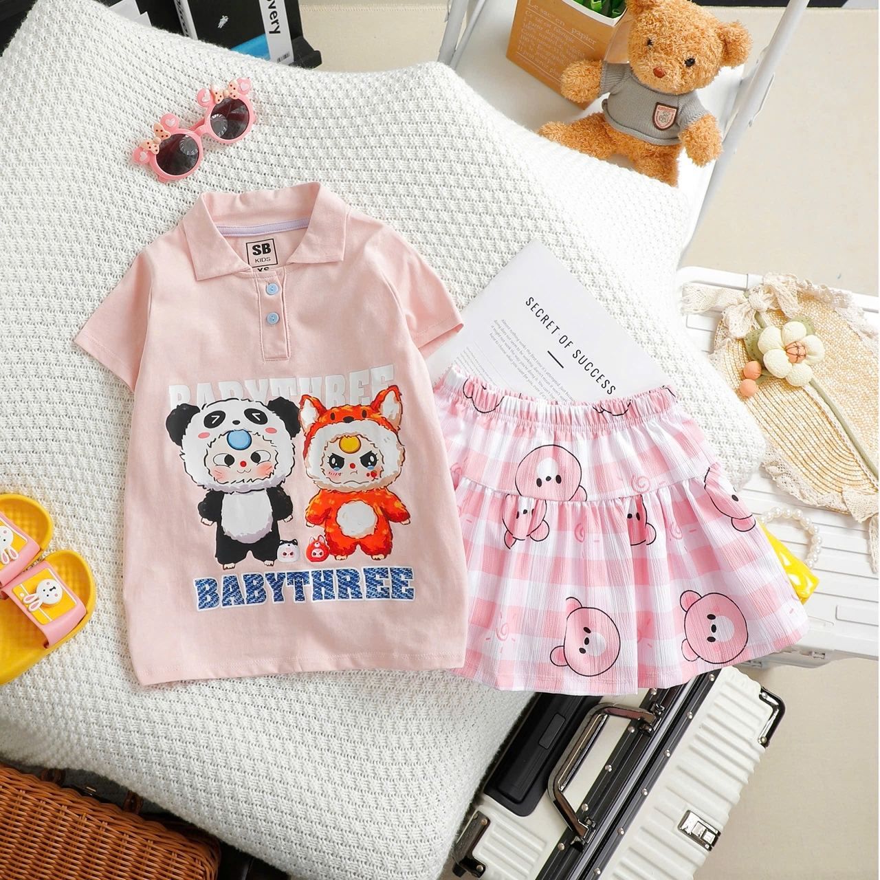 15-48kg XS-XL Đồ bộ tay ngắn bé gái kèm chân váy - Hồng Baby three DB91
