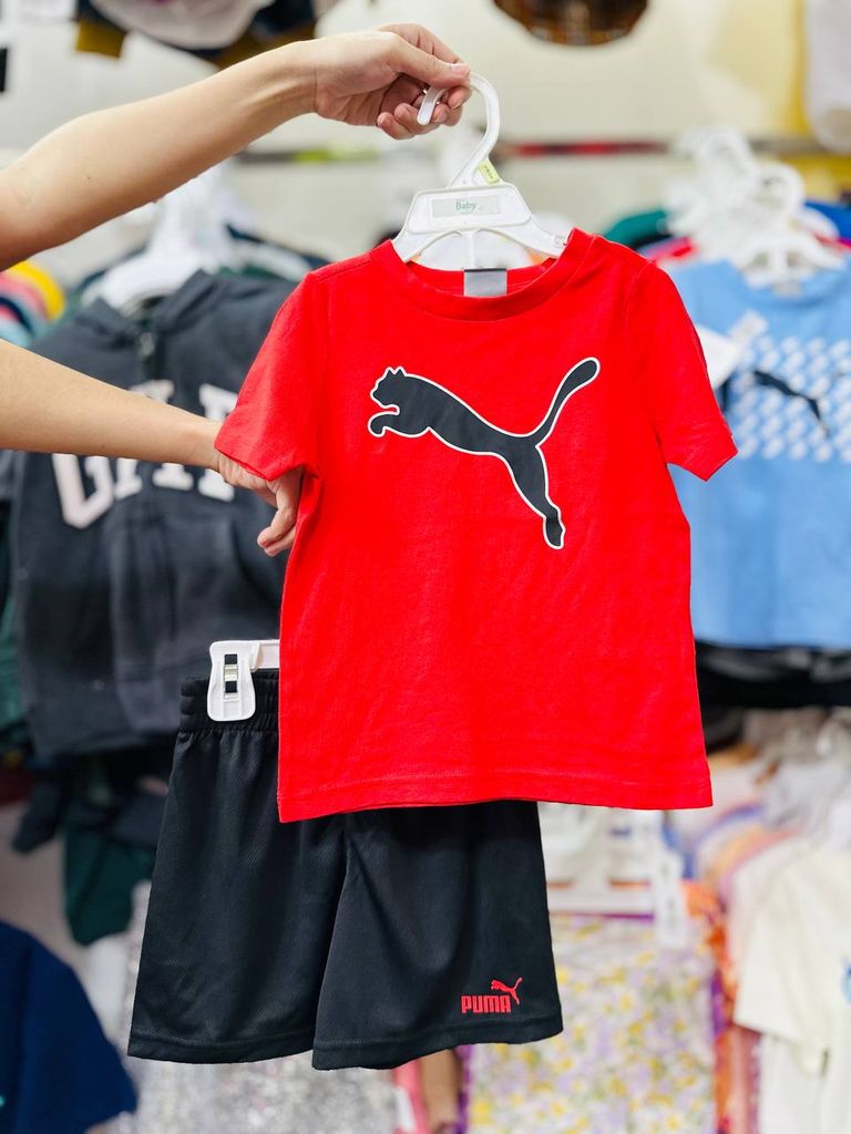 2T-8T Đồ Bộ tay ngắn bé trai thể thao thoáng mát PM- Đỏ quần đen Puma DB95