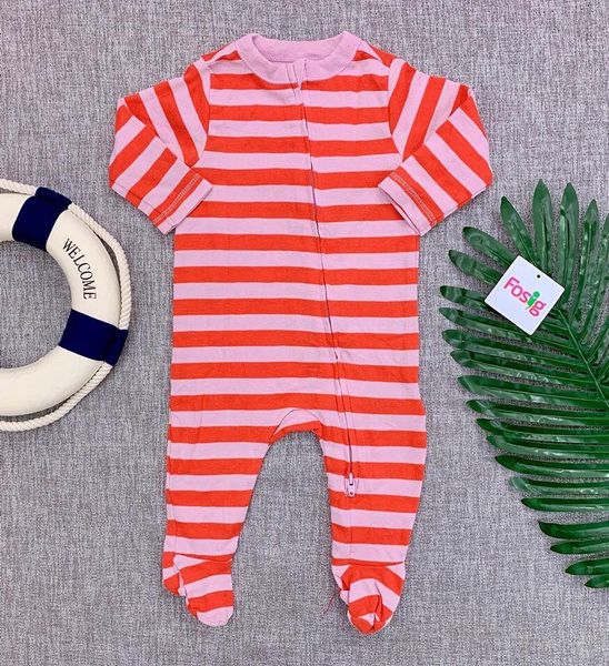  [3-5kg] Sleepsuit Khóa Kéo Có Vớ Bé Gái - Cam Sọc Hồng Thỏ [Có Vớ] 