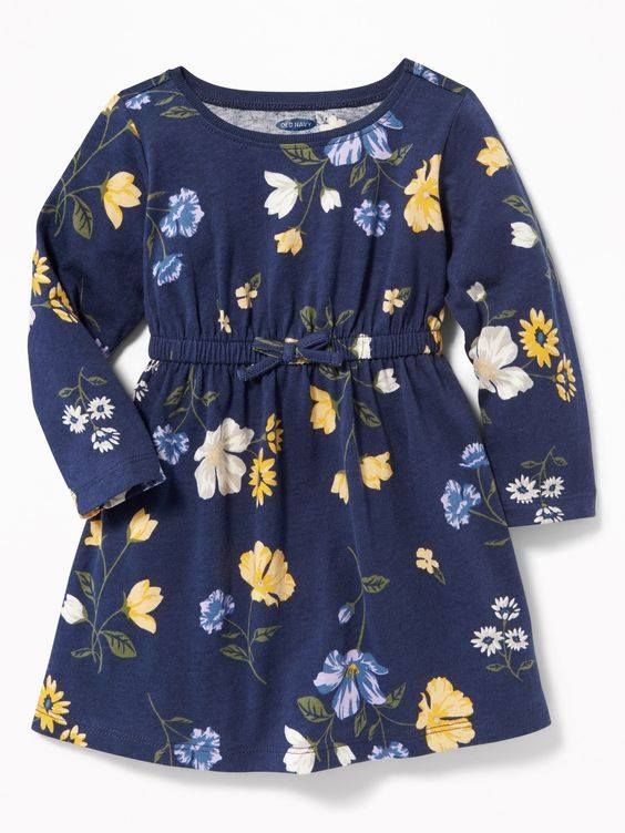  [5-6kg ; 8-13kg] Đầm Cotton Tay Dài Bé Gái ON - Xanh Navy Hoa 