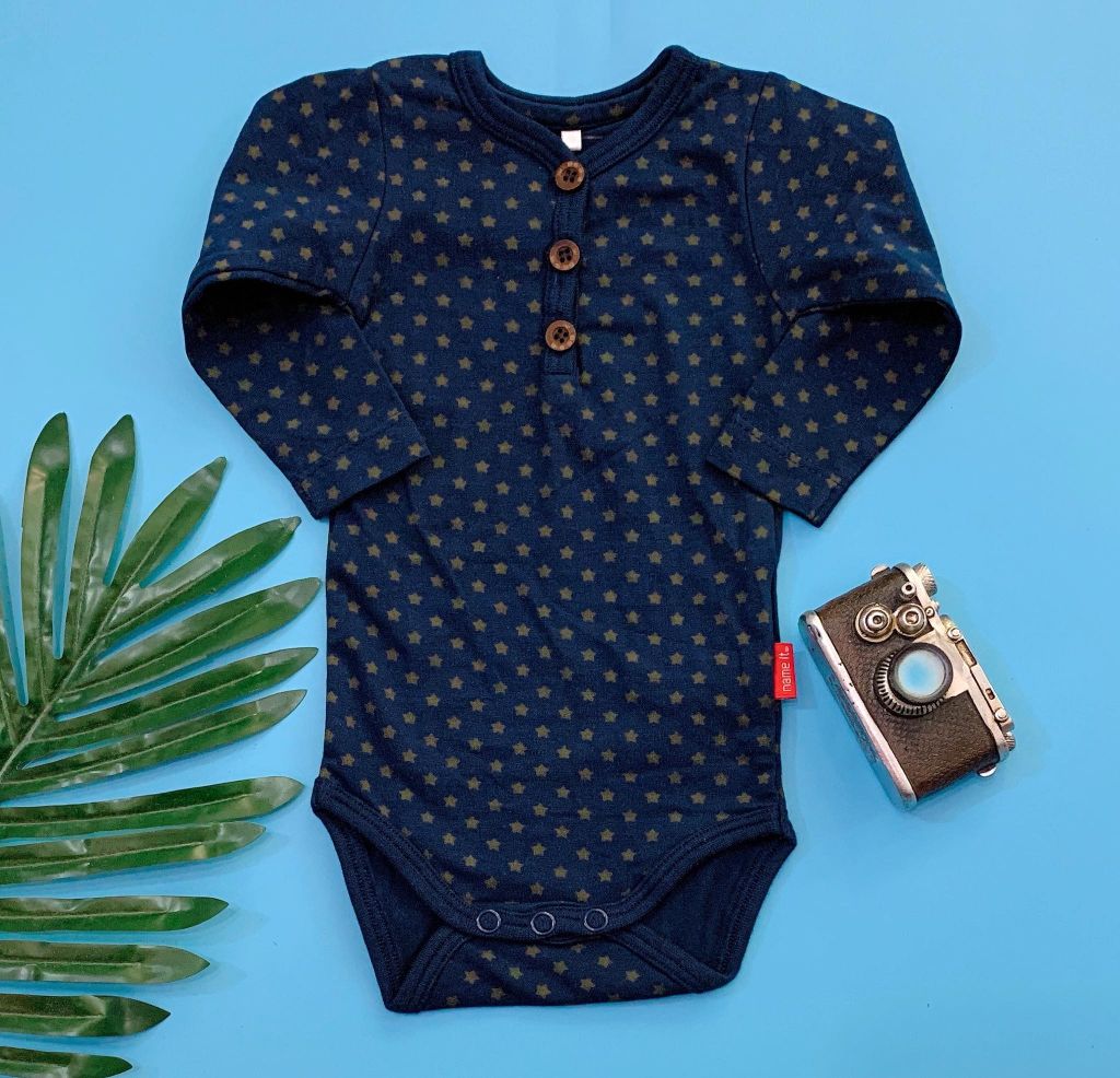  [0-2m] Bodysuit Tay Dài Bé Trai Name - Xanh Navy Ngôi Sao 