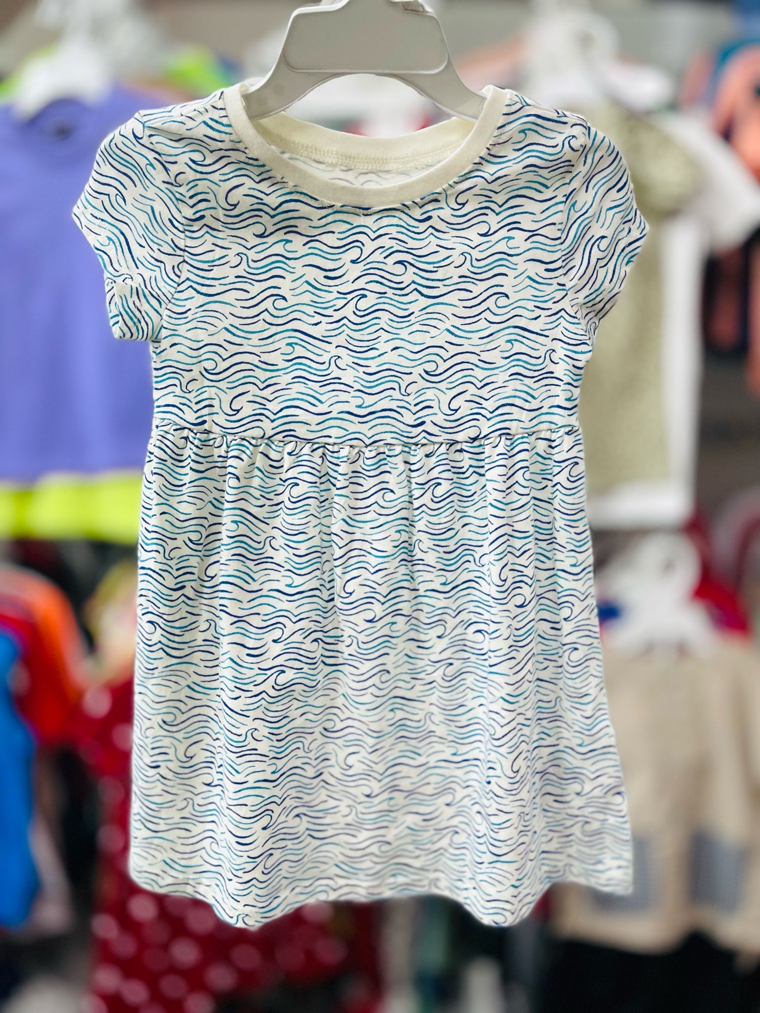 11-12kg; 14-17kg Đầm thun coton Tay ngắn ON- Kem vân sóng xanh B25