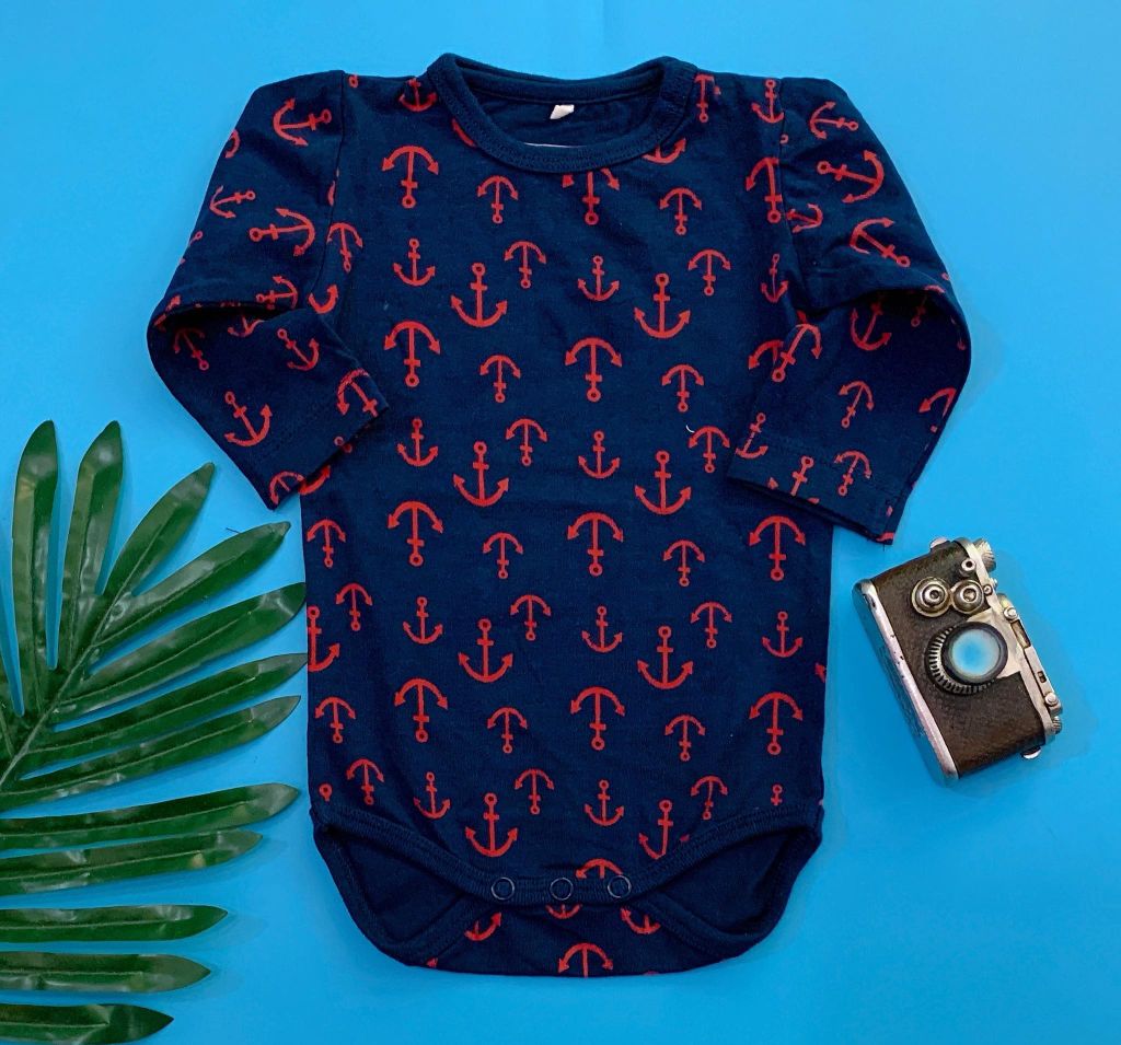  [0-9m] Bodysuit Tay Dài Bé Trai Name - Xanh Navy Mỏ Neo 