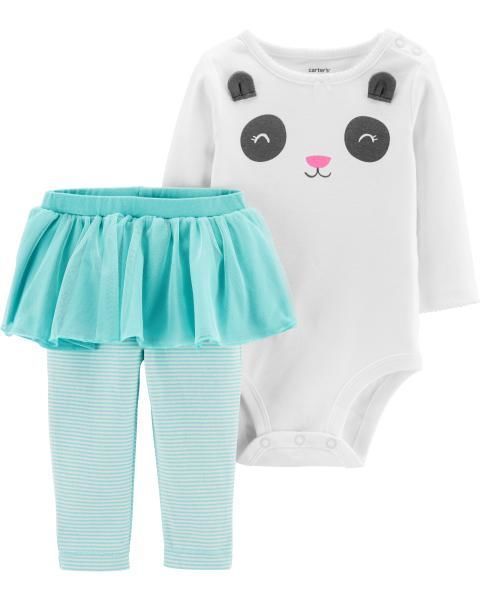  [0-6m] Set Bodysuit Và Quần Bé Gái Cter - Trắng Gấu Sọc Xanh 