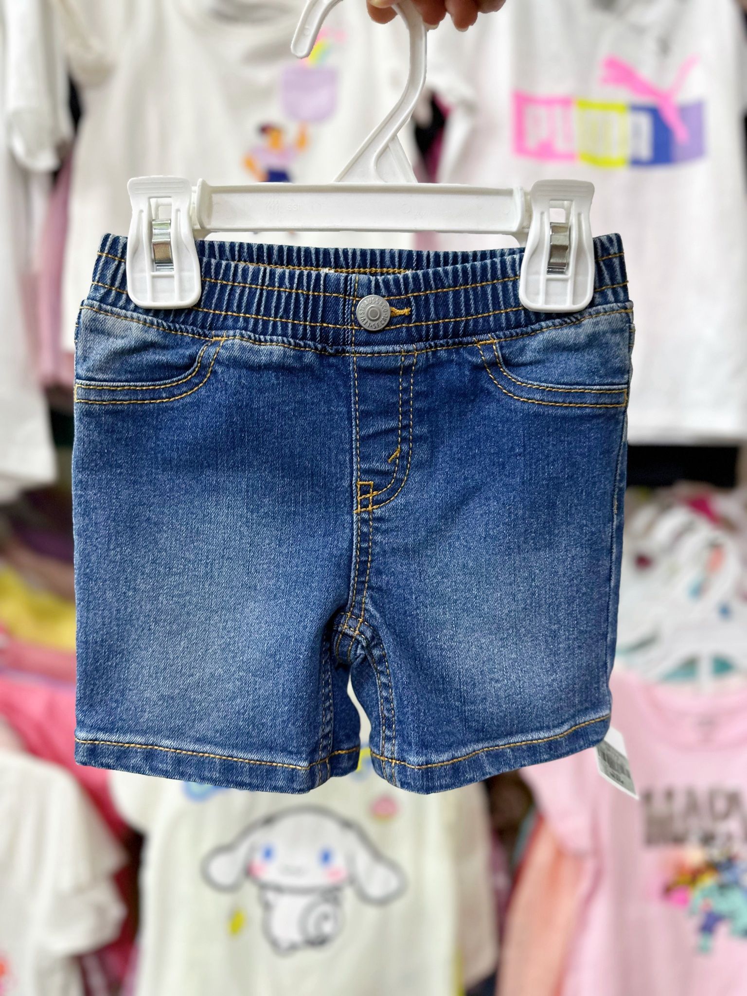 7-9kg 12M Quần short jaens L.v bé gái tăng đơ ẩn, lưng thun giả nút khóa- Xanh chỉ cam QS02