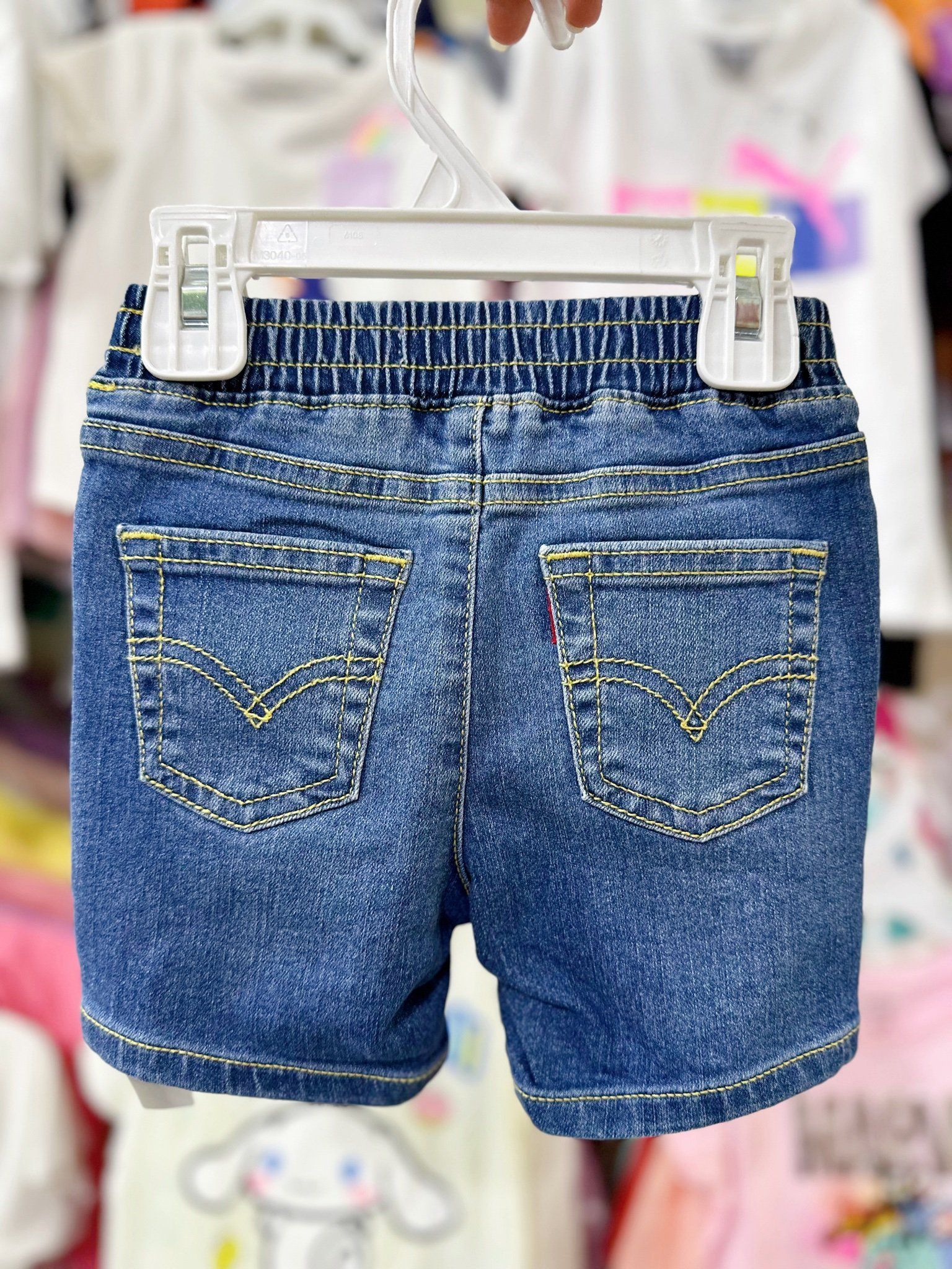 12M-2Y Quần short jaens L.v bé gái tăng đơ ẩn, lưng thun giả nút khóa- Xanh chỉ vàng QS02