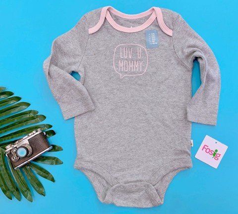  [6m-12m] Bodysuit Tay Dài Bé Gái GP - Xám Chữ Hồng 