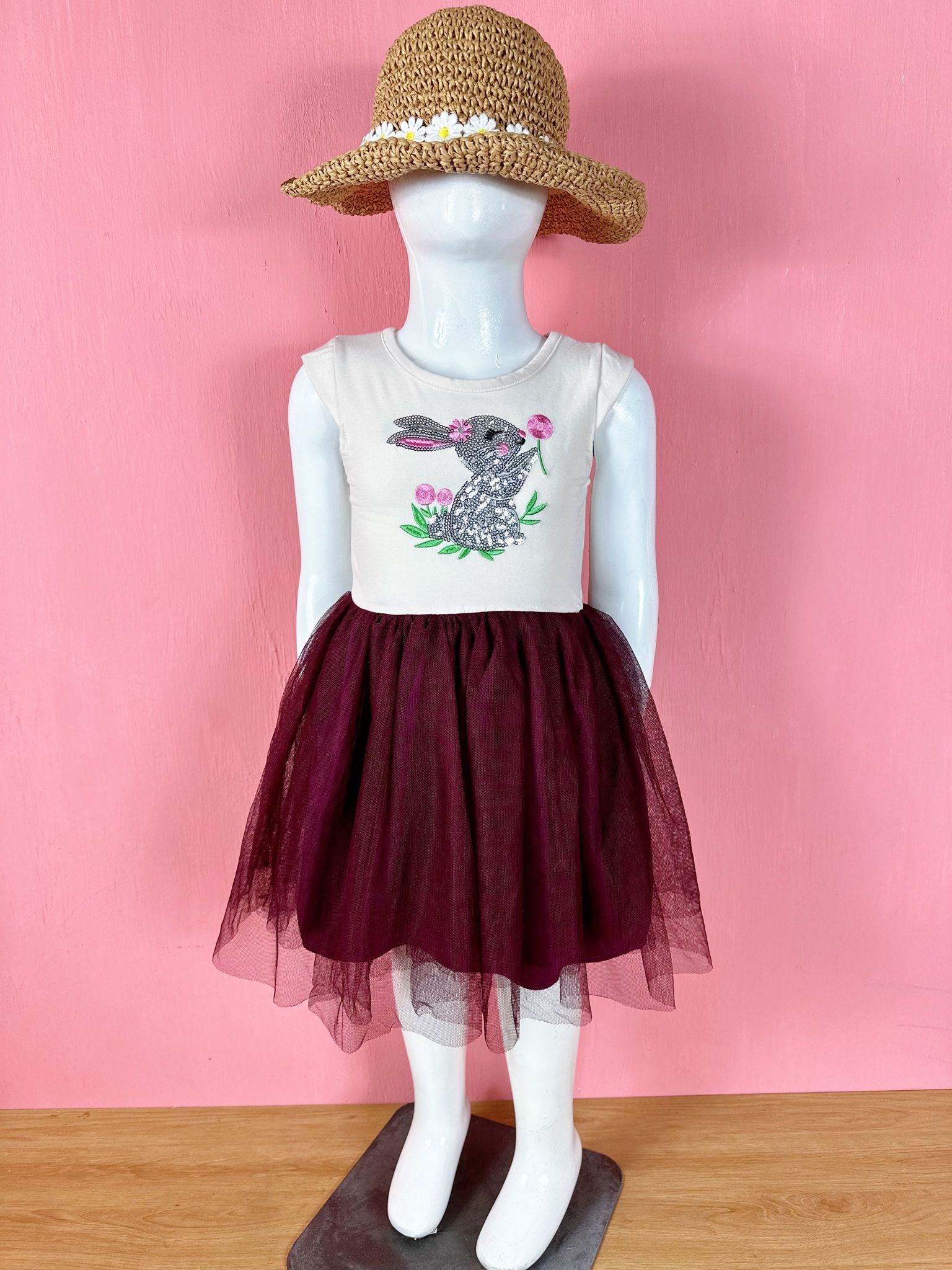 13-19kg Đầm Cánh Tiên Voan Công Chúa- Thỏ xám D05