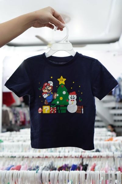  [11-12kg] Áo Thun Tay Ngắn Bé Trai - noel Navy Mario 