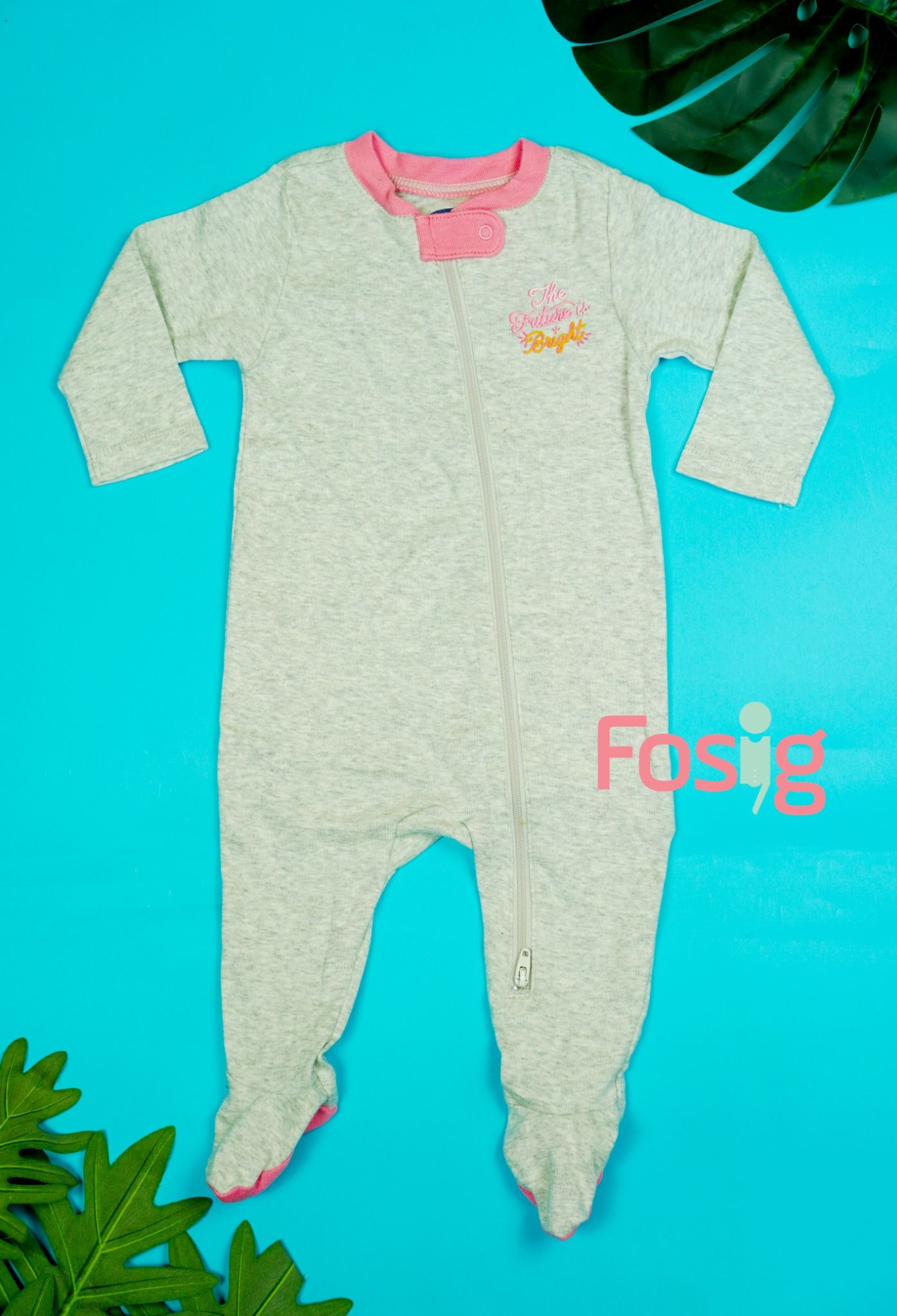  [3-6M] Sleepsuit Khóa Kéo Có Vớ Bé Gái ON - Xám Cổ Hồng 