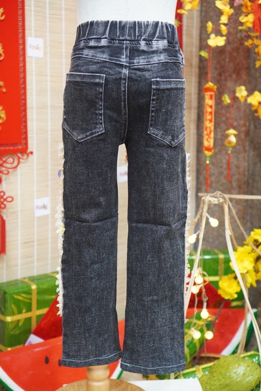  [14-30kg] Quần Jean Dài Cho Bé Gái - Đen Cườm Vàng 2257 