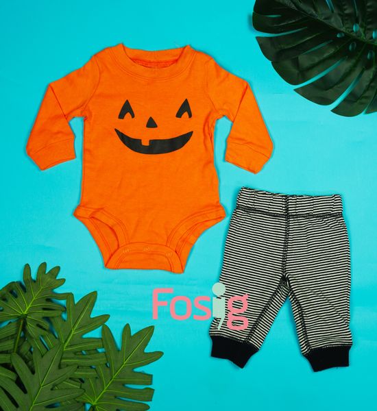  [0-6m] Set Bodysuit Kèm Quần Bé Trai Cter - Cam Hallowen 