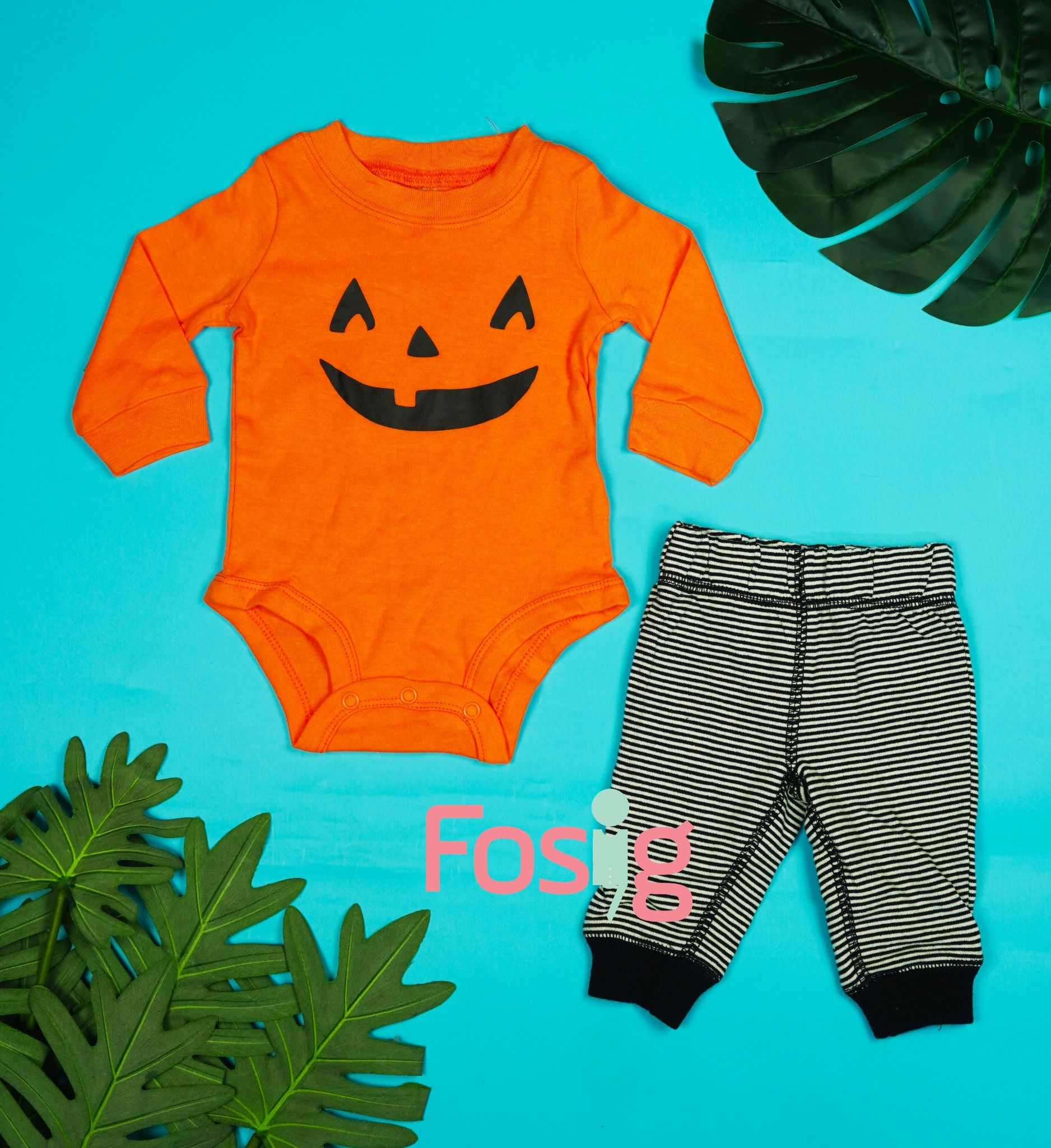  [0-6m] Set Bodysuit Kèm Quần Bé Trai Cter - Cam Hallowen 