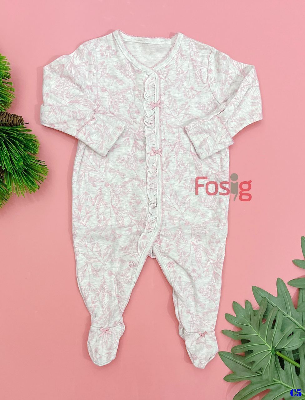  [3-6m] Sleepsuit Có Vớ Cúc Bấm Bé Gái - Xám Lá Hồng 