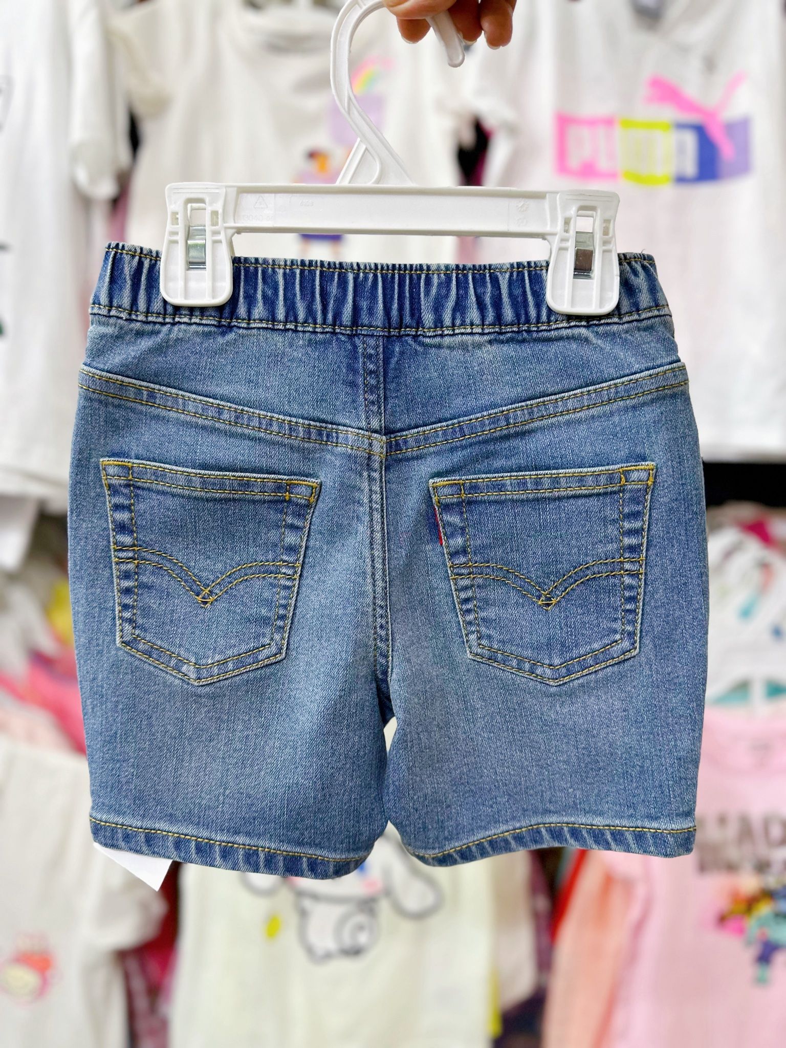 18-20kg 6Y Quần short jaens L.v bé gái tăng đơ ẩn, lưng thun giả nút khóa- Xanh nhạt thun sau QS02