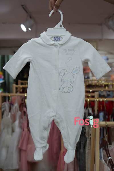  [0-Nb] Sleepsuit Nỉ Có Vớ Bé Trai - Trắng Sao Thỏ Xanh 