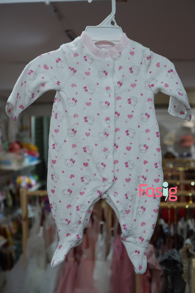  [0-3m] Sleepsuit Nỉ Có Vớ Bé Gái - Trắng Tim Hồng Gấu 