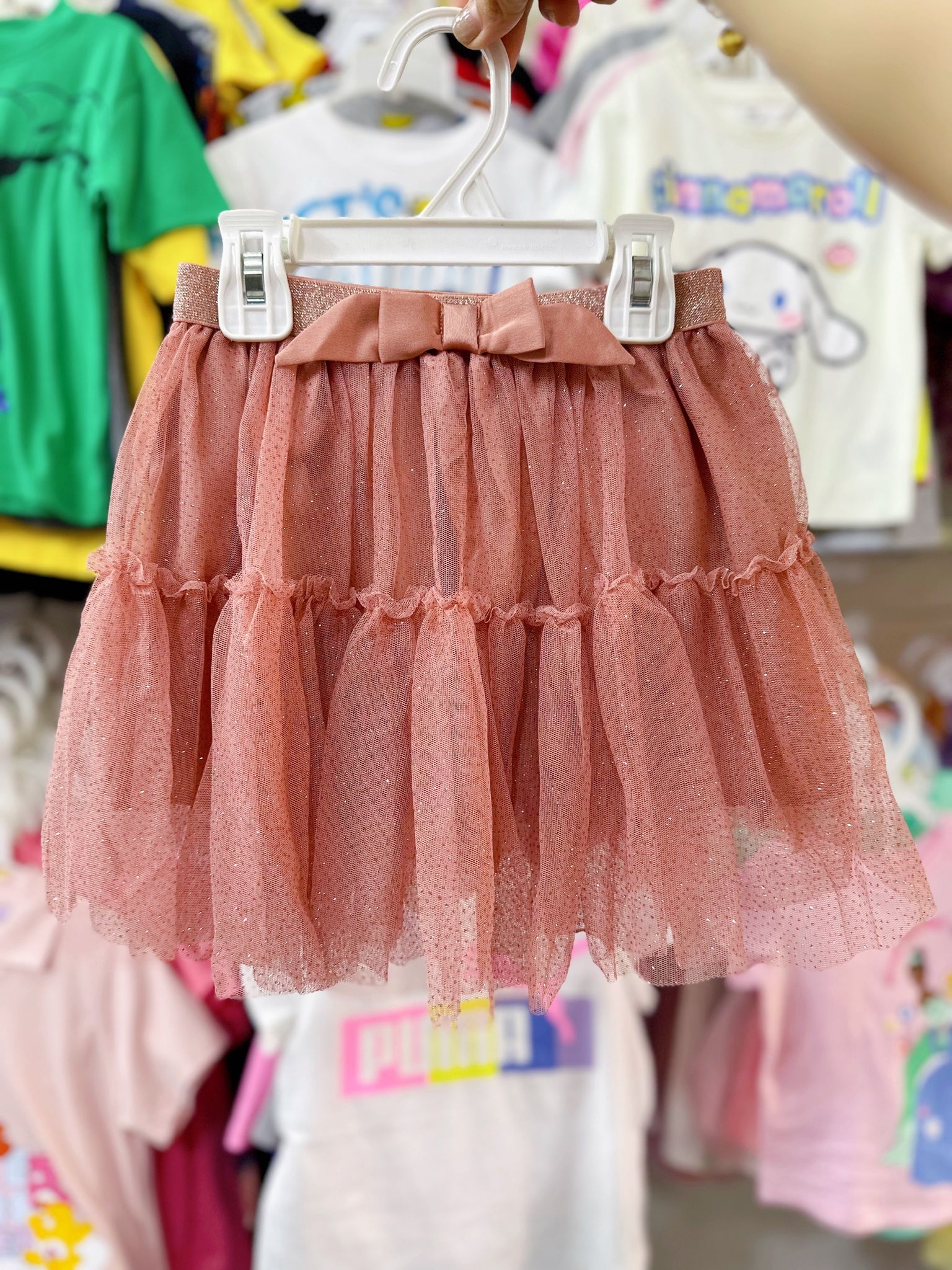[13-15kg; 22-28kg Chân váy H.M voan lưng thun co giãn, có lót thun cho bé gái- Hồng đất nơ CV09