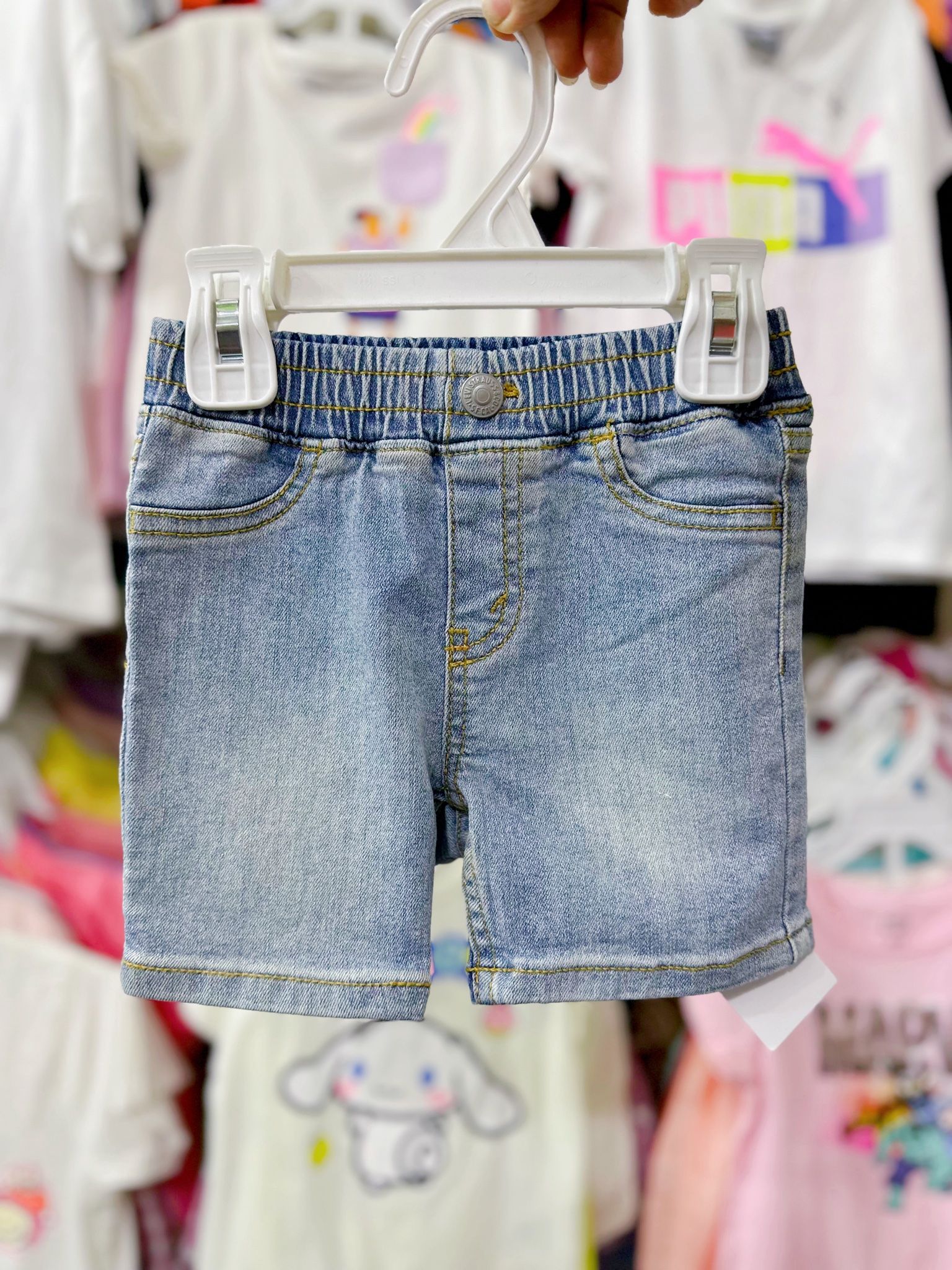 7-9kg 12M Quần short jaens L.v bé gái tăng đơ ẩn, lưng thun giả nút khóa- Xanh trắng chỉ vàng QS02