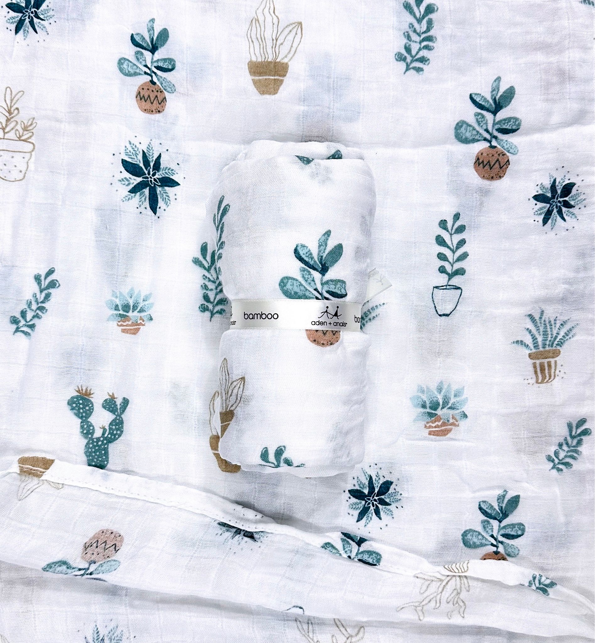 Khăn sợi tre muslin mềm mịn cho bé- Trắng chậu cây xanh K2