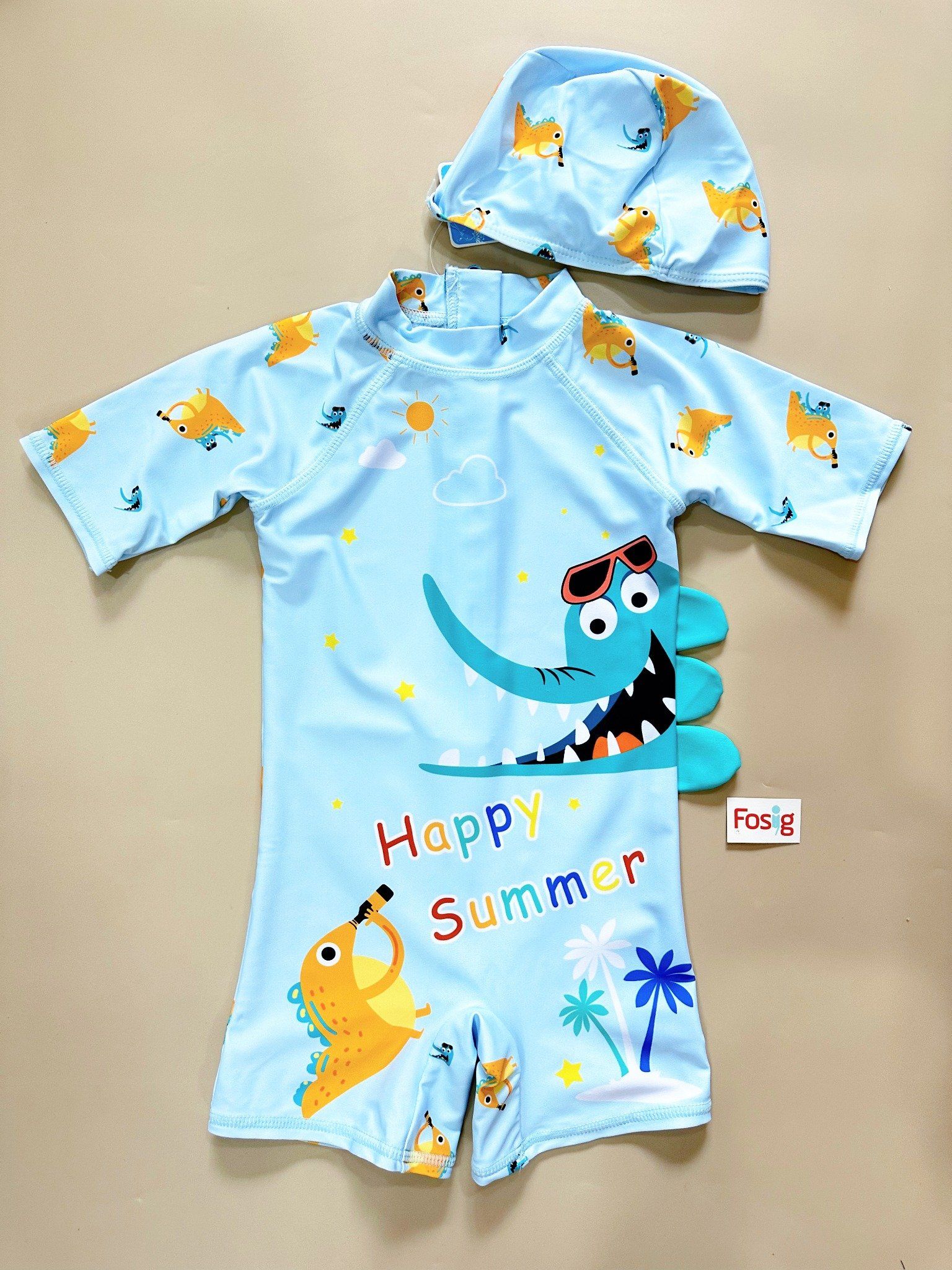 9-17kg Set 2 món nón và đồ bơi liền thân (bộ nhái) cho bé trai- Xanh Happy Summer B08
