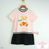  [18-23kg] Đầm Tay Ngắn Cho Bé Gái - Hồng Teddy Xanh 