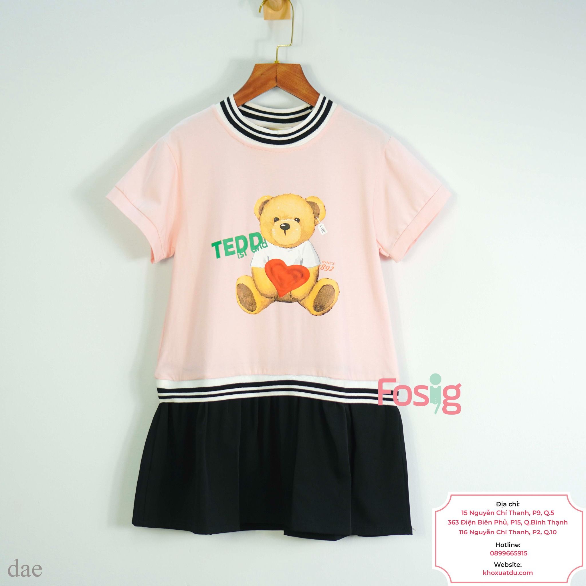  [18-23kg] Đầm Tay Ngắn Cho Bé Gái - Hồng Teddy Xanh 