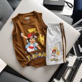  2T-6T Bộ ba lỗ quần short cho bé trai - Nâu Pokemon Pica.chu Satoshi B3L01 