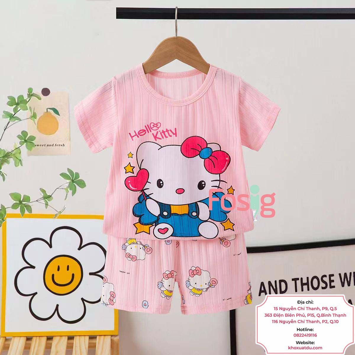  [7-14kg] Set Đồ Bộ Ngủ Ngắn Sợi Tre Xuất Hàn Bé Gái - Hồng Hello Kitty 