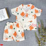  [6-15kg] Set Đồ Bộ Ngủ Ngắn Pijama Vải Xô Cho Bé - Kem Gấu Cam 