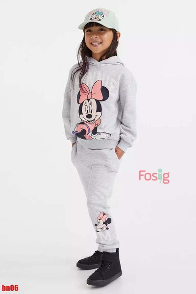  [11-14kg] Set Đồ Bộ Dài Nỉ Hoodie HM Bé Gái - Xám Minnie 