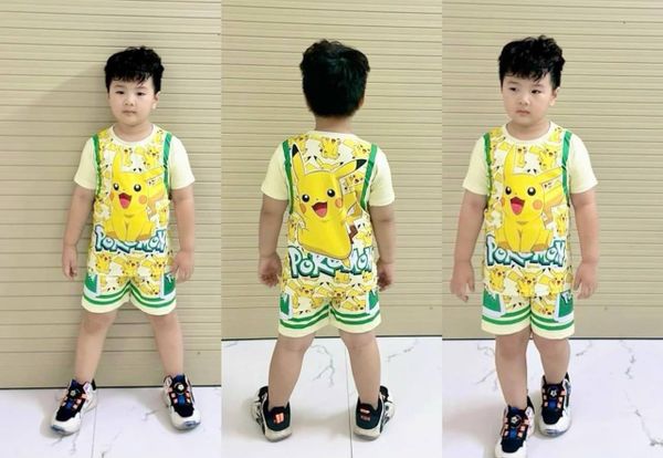  [7-17kg] Set Đồ Bộ Ngắn Thun Lạnh Bé Trai - Vàng Pikachu 