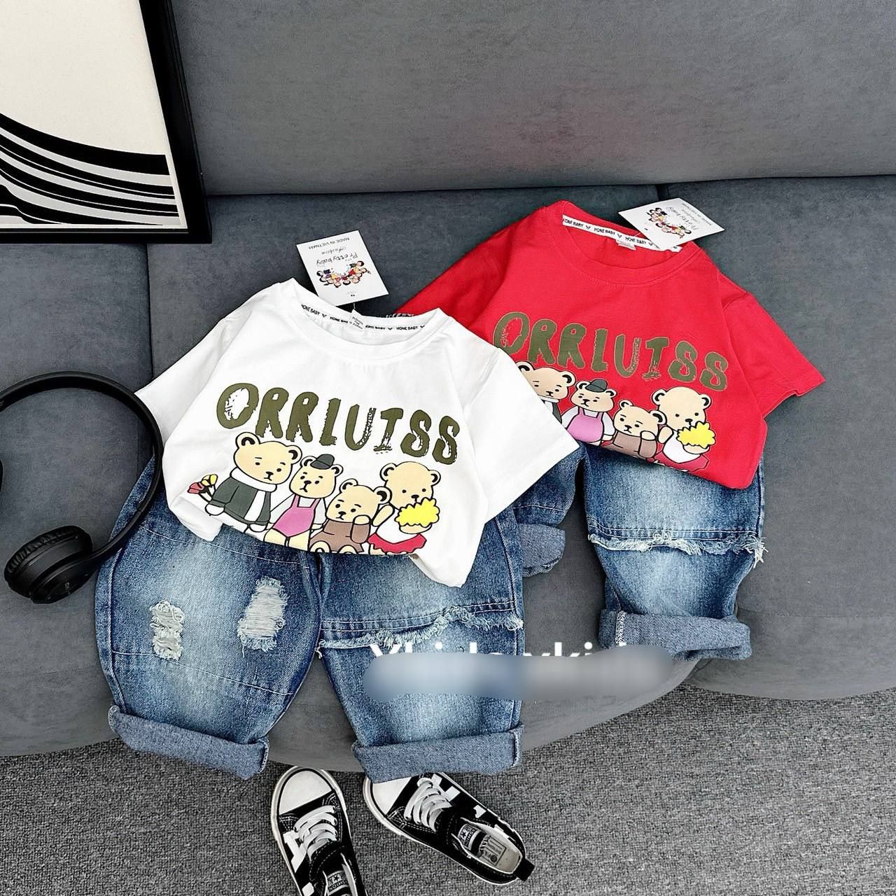  [13-32kg] Set Đồ Bộ Áo Thun Quần Jean Bé Unisex - Trắng Gấu 