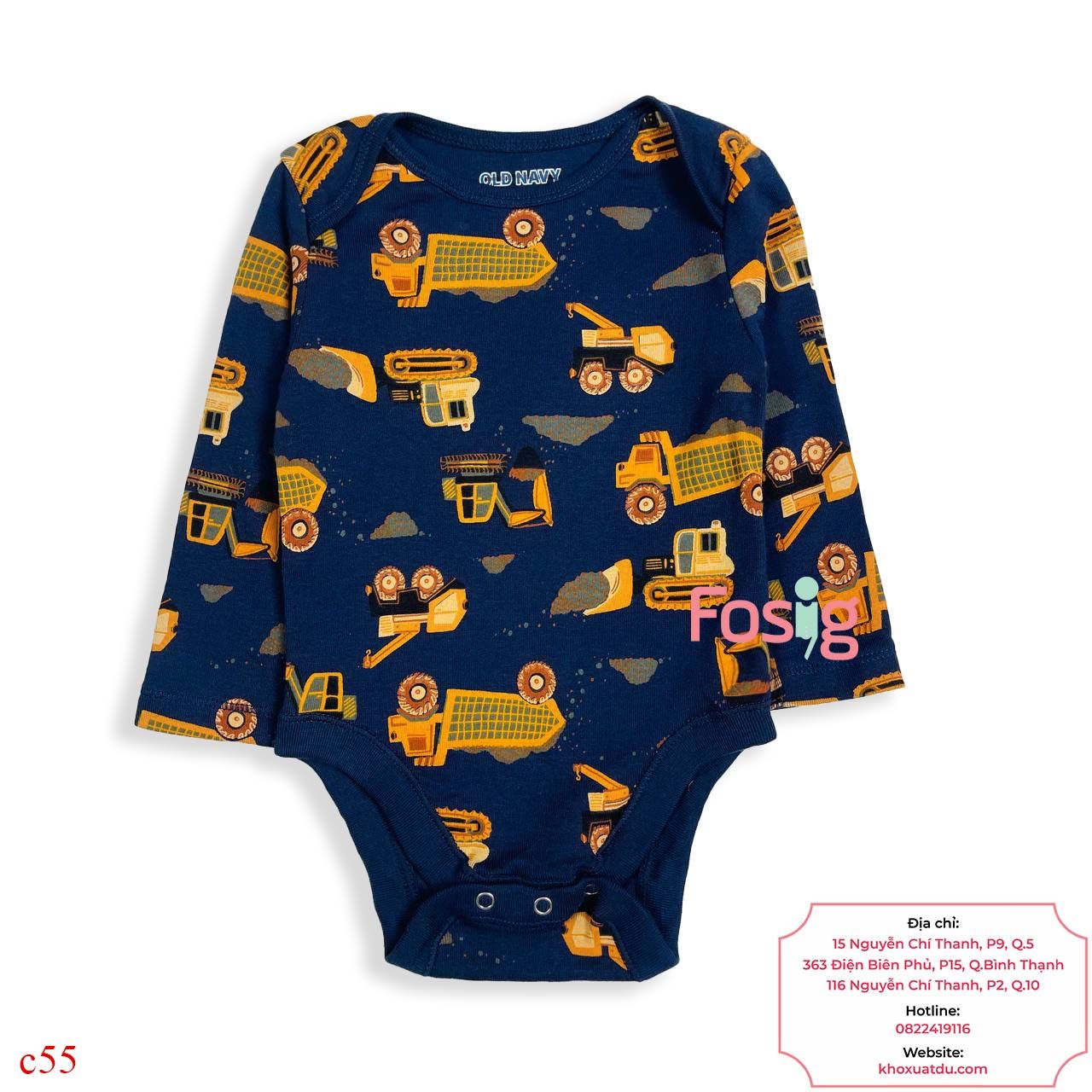  [3-12M ; 18-24M] Bodysuit Tay Dài Bé Trai ON - Navy Xe Vàng 